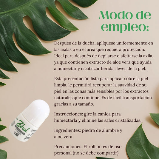 Desodorante Natural de Piedra de Alumbre ZAHAL Roll On Unisex 30 ml – Sin Clorhidrato de Aluminio, Sin Alcohol, Sin Fragancia, Sin Parabenos – Con Aloe Vera – Vegano, Orgánico, No Tóxico, pH Neutro